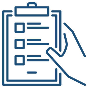 icon of hand holding a clipboard with an assessment form