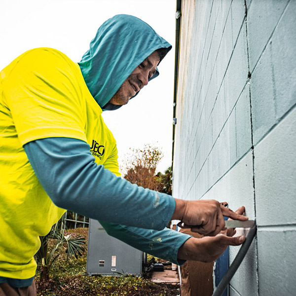 Jebco employee working on side of a building